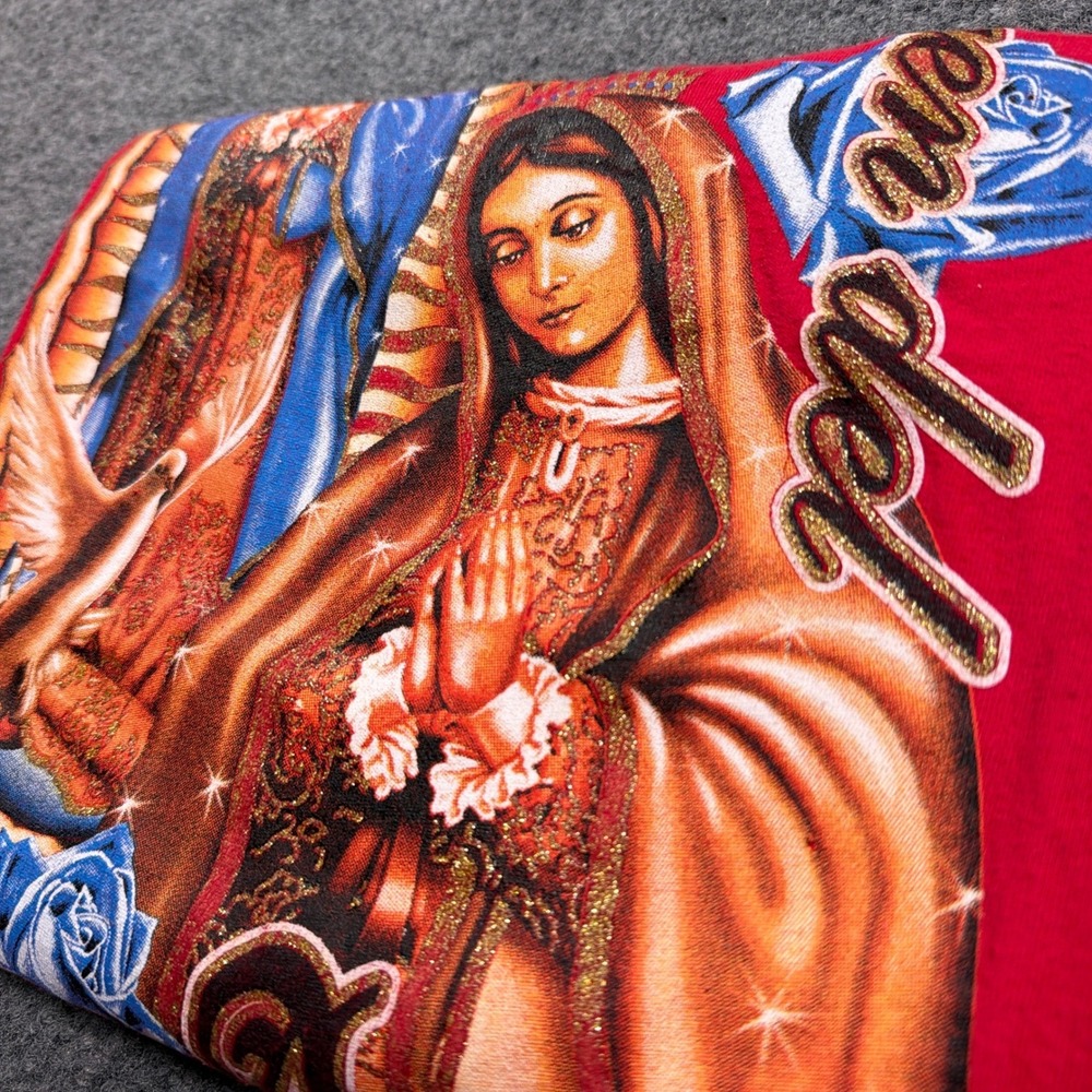Virgen de Guadalupe T-Shirt Men XL Red Religious Tee Glitter Graphic Mexico
